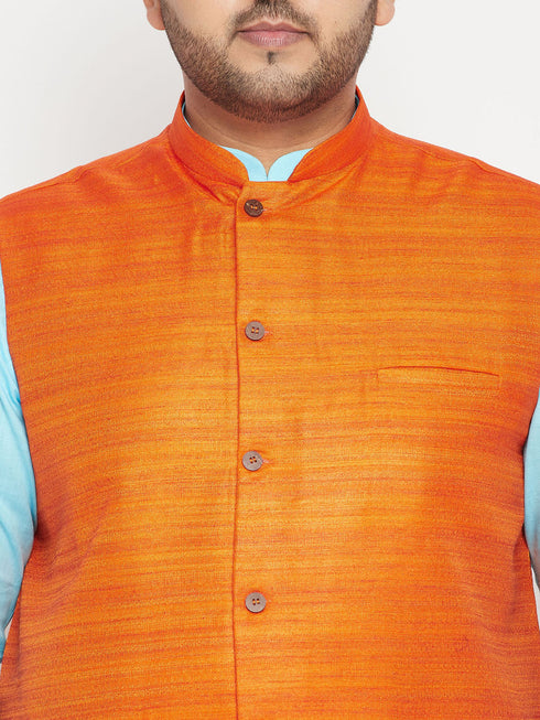 Vastramay Plus Size Men's Aqua Blue Kurta And White Pyjama With Nehru Jacket Set